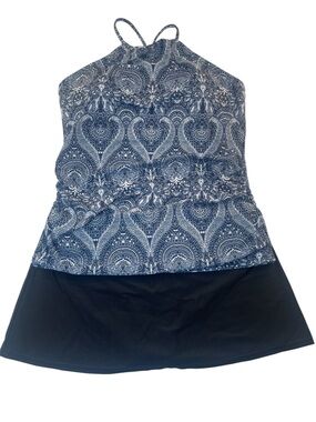 Venus tankini swim top Blue Paisley Halter and Solid Black swim Skirt Women’s 14